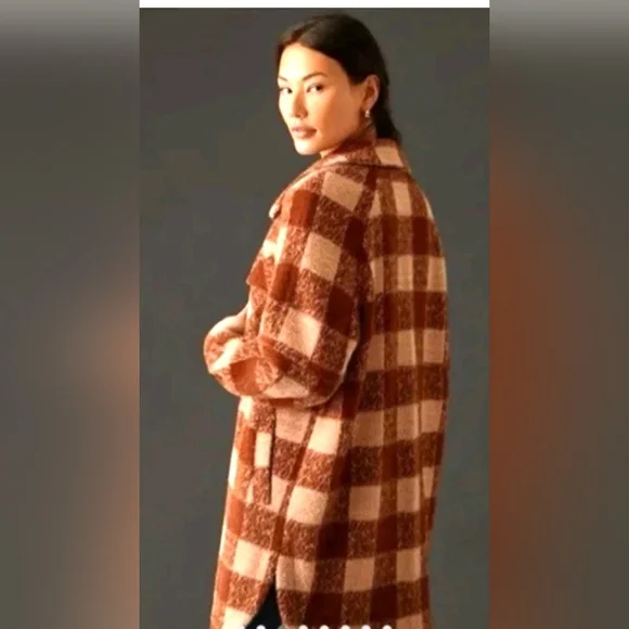GREYLIN ANTHROPOLOGIE Women’s M Brown Plaid Long Heavyweight Shacket Jacket - Picture 2 of 13
